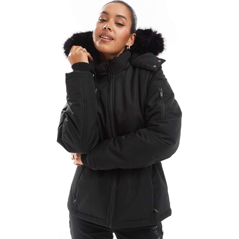 Threadbare Ski belted coat with faux fur hood in black
