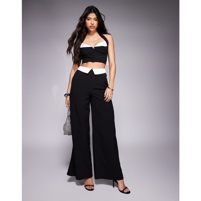 ASOS LUXE co-ord satin contrast wide leg trouser in black-Multi