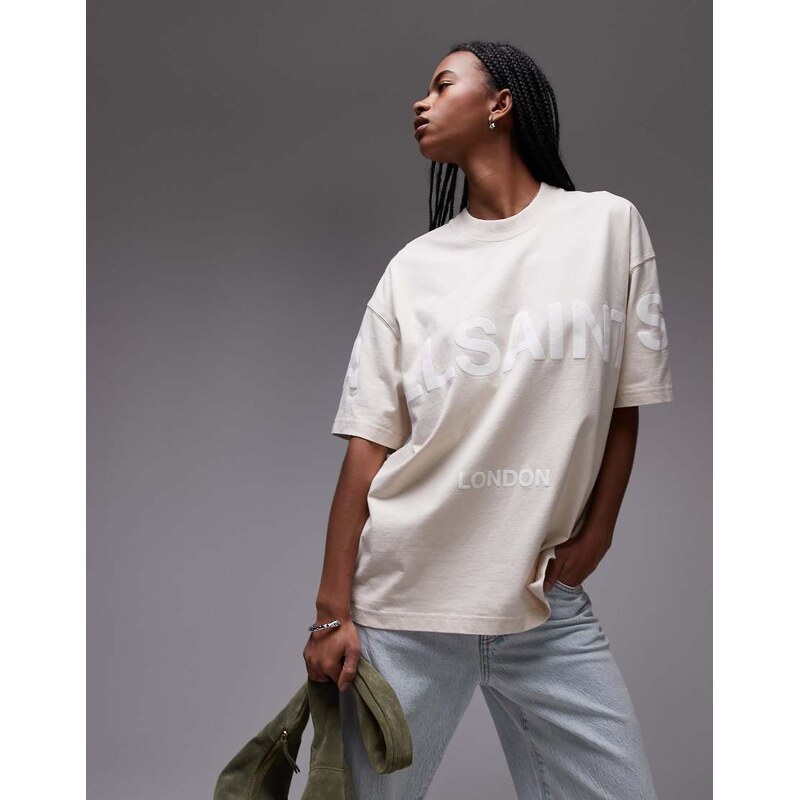 AllSaints Biggy tonal logo oversized t-shirt in stone-Neutral 102709148
