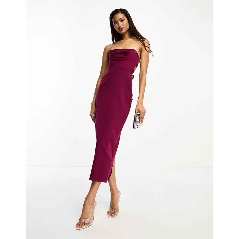 ASOS DESIGN pleat bandeau midi dress with lace up back detail in