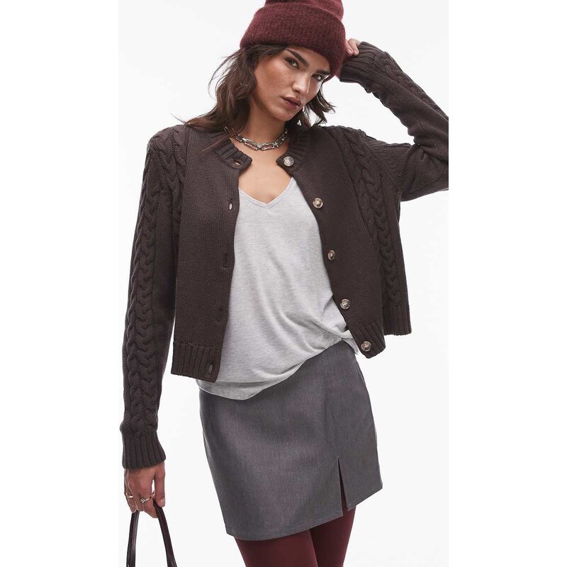 Resume cable knit fitted cardigan in dark brown 115718584