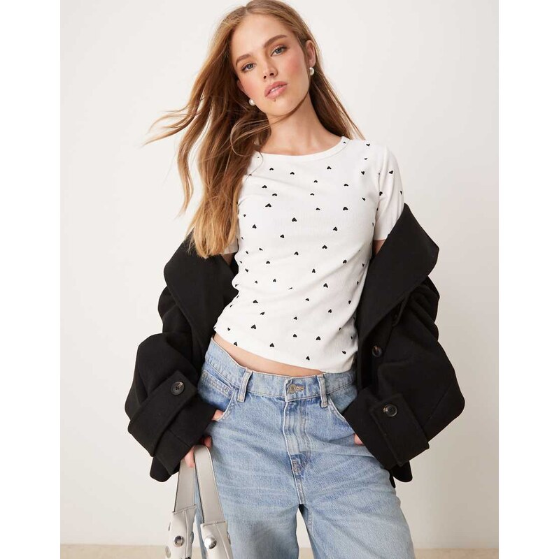 JDY all over heart print ribbed t-shirt in white