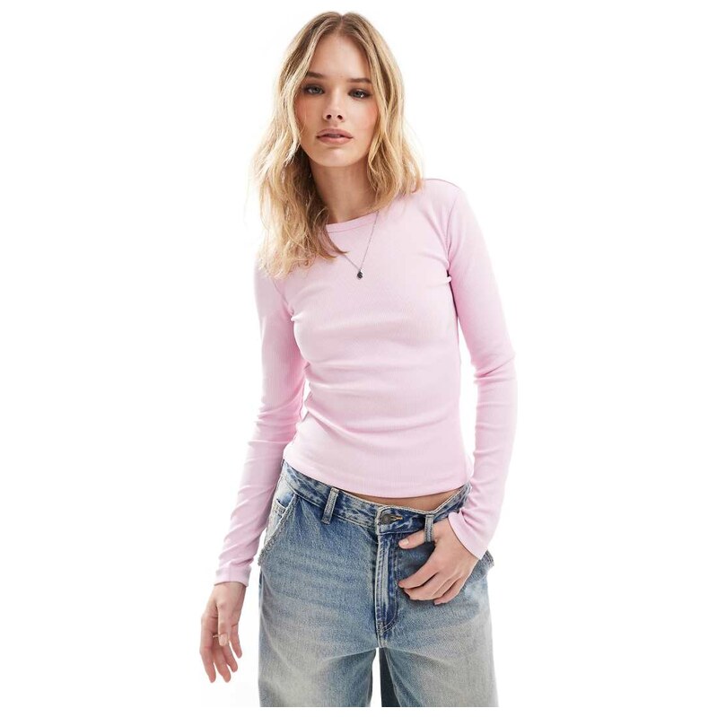Vero Moda long sleeve baby rib top in baby pink