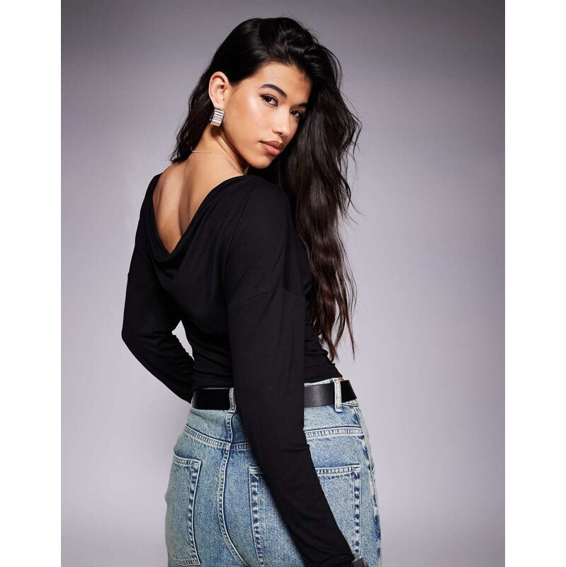 ASOS DESIGN slouchy cowl back batwing cinched top in Black-Red