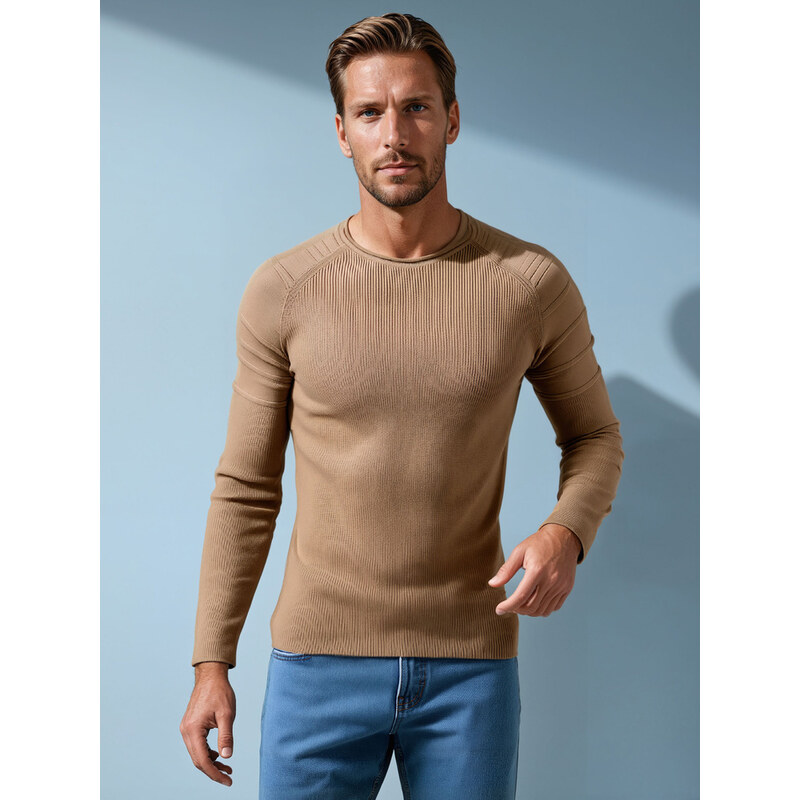 BASIC Béžový pánský stylový svetr WX2288