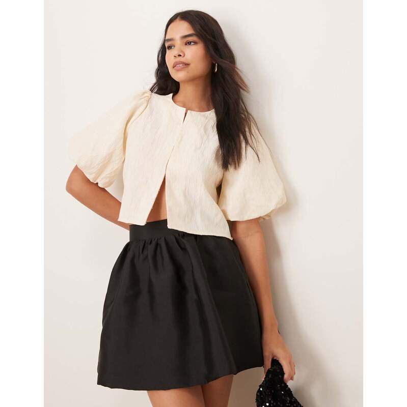 YAS structured puff sleeve jaquard top in cream-White