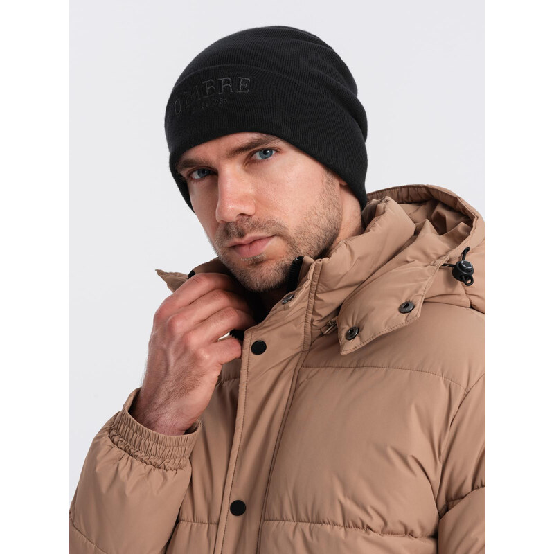 Ombre Mens knitted beanie hat with embroidered inscription -