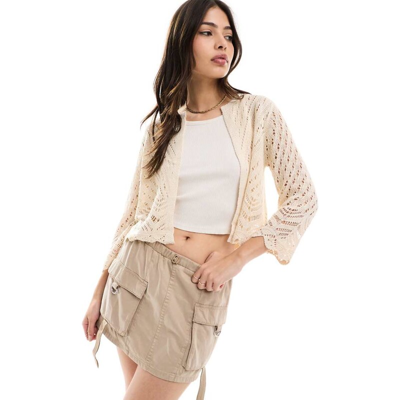 JDY 3/4 sleeve crop crochet cardigan in beige-Pink
