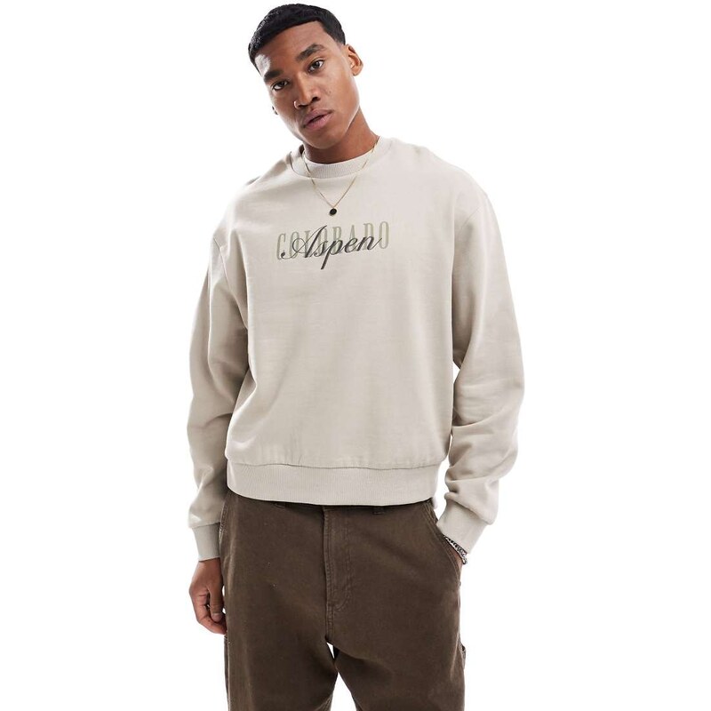 ASOS DESIGN boxy sweatshirt with front print in beige-Neutral 102891989