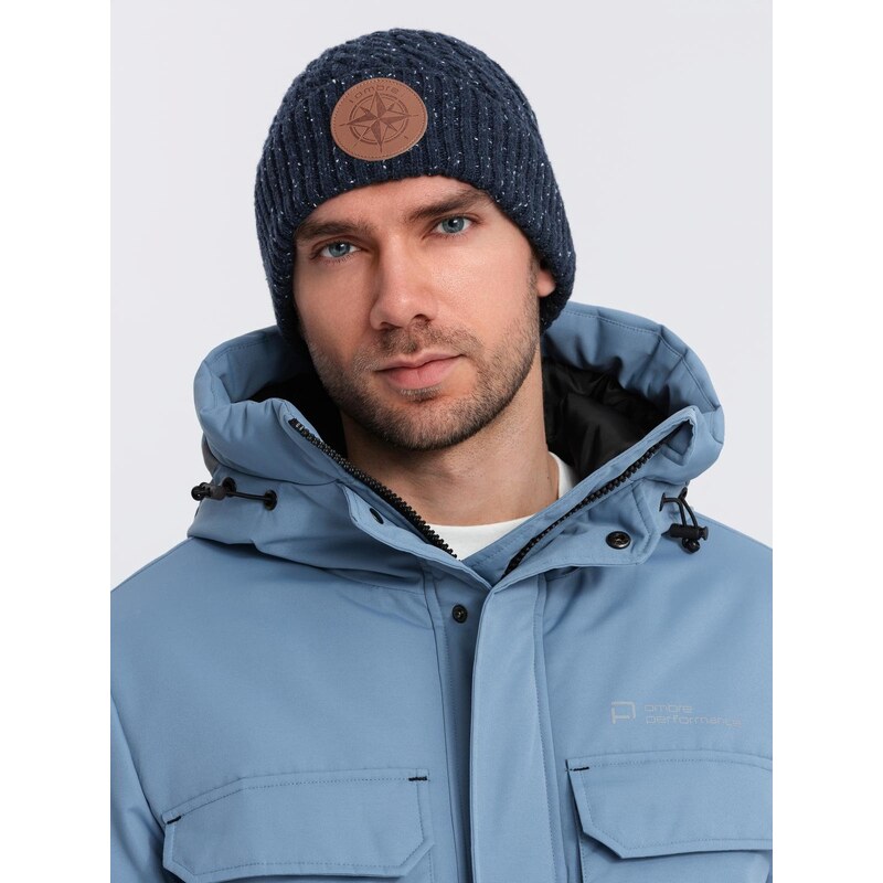 Ombre Mens beanie cap with round embossed patch - navy blue