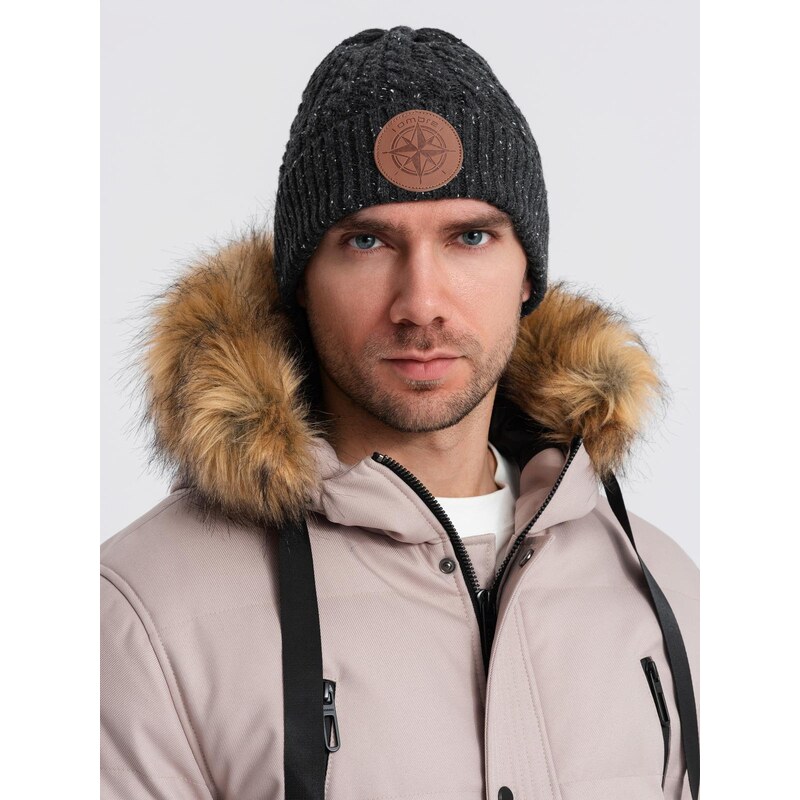 Ombre Mens beanie cap with round embossed patch - graphite