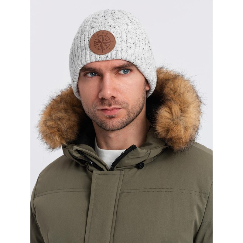 Ombre Mens beanie cap with round embossed patch - broken white
