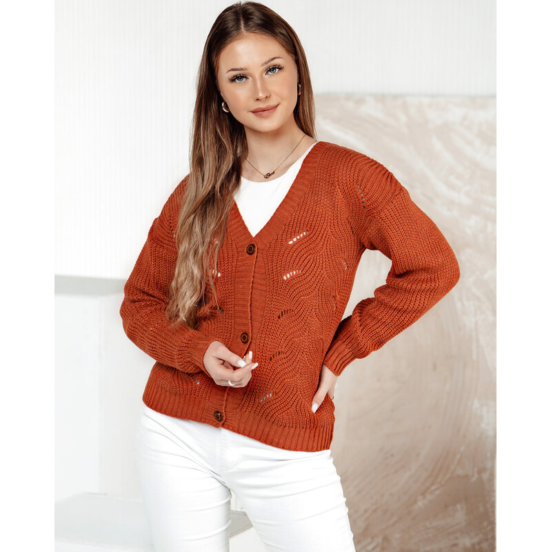 BASIC Cihlový dámský svetr na knoflíky KNITVIA Oranžová 102893455