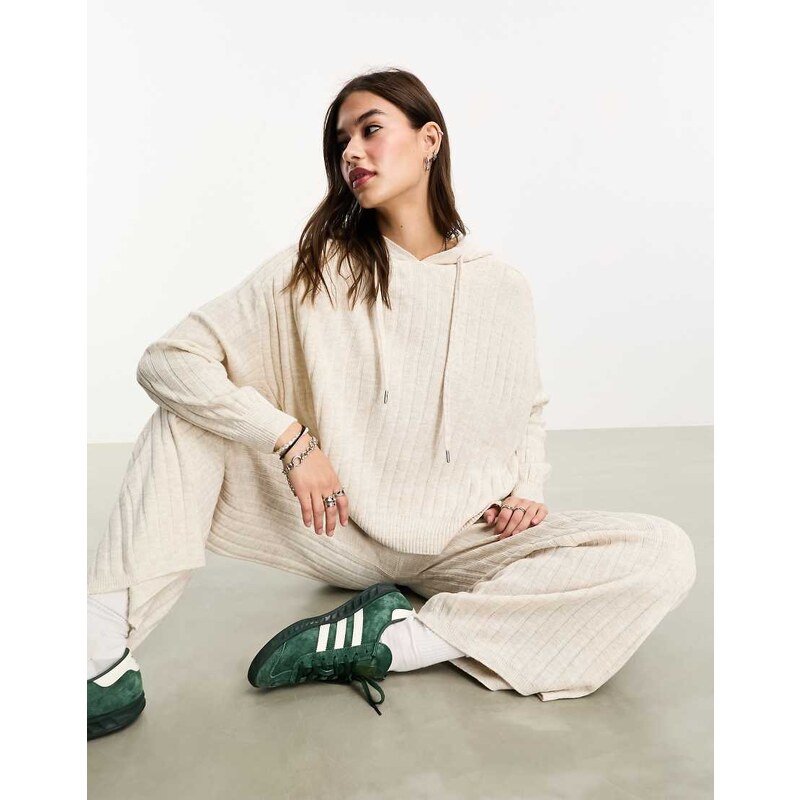 ONLY ribbed knit hoodie co-ord in cream-White 89665364