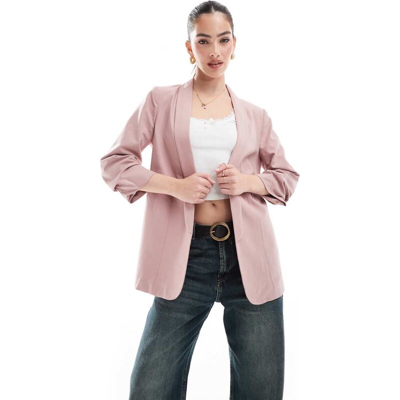 Pieces ruched sleeve blazer in woodrose pink