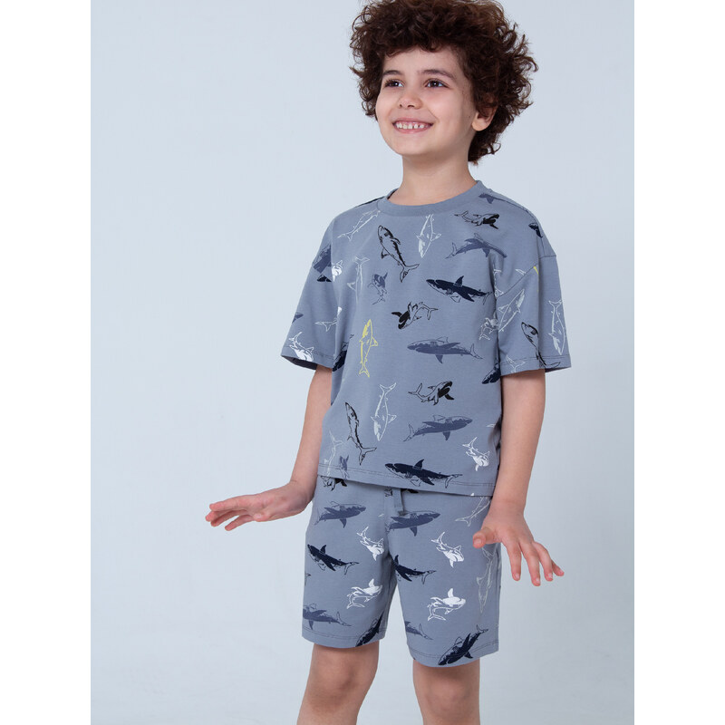 Winkiki Kids Wear Chlapecké pyžamo Shark, krátké kalhoty, krátký rukáv - šedá