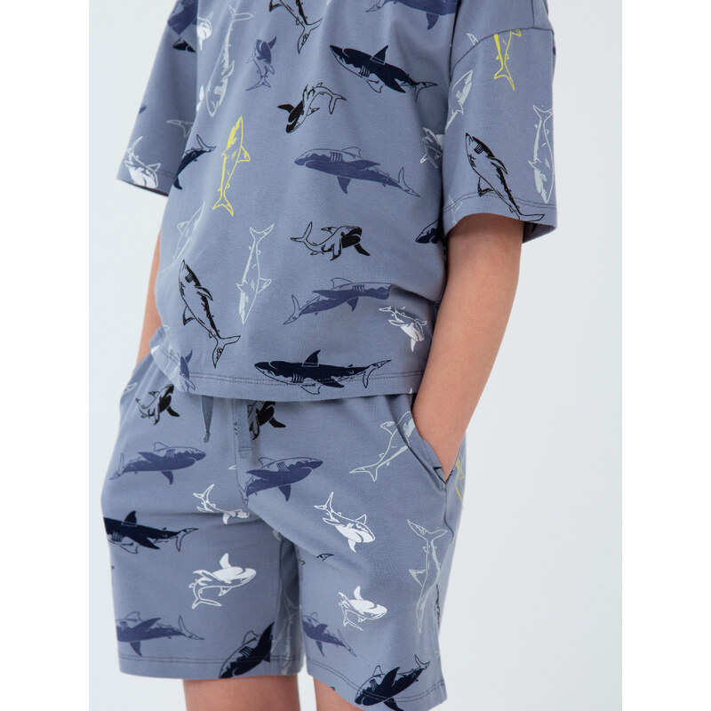 Winkiki Kids Wear Chlapecké pyžamo Shark, krátké kalhoty, krátký rukáv - šedá