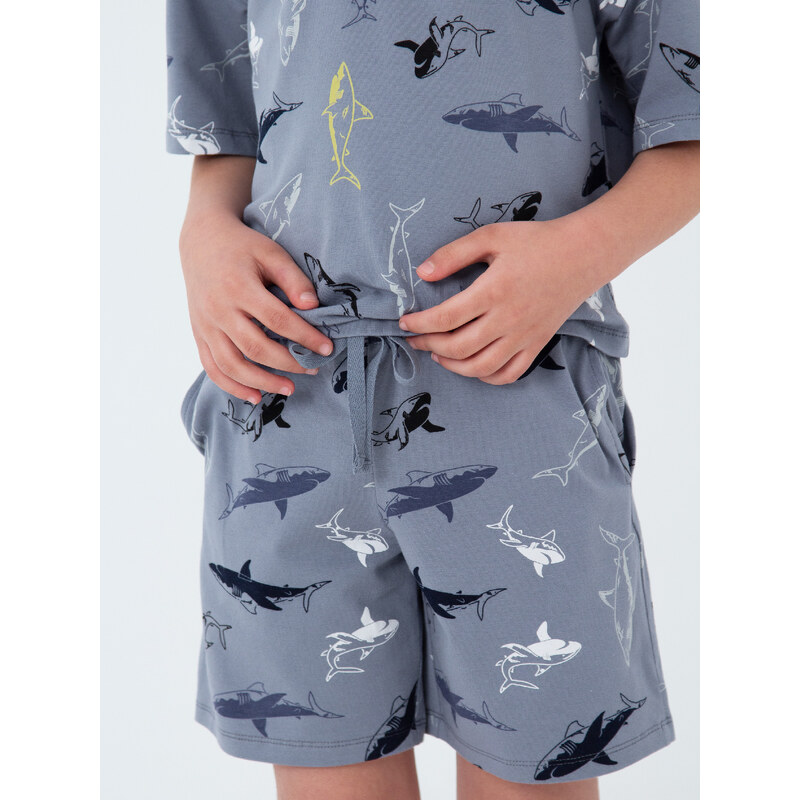 Winkiki Kids Wear Chlapecké pyžamo Shark, krátké kalhoty, krátký rukáv - šedá