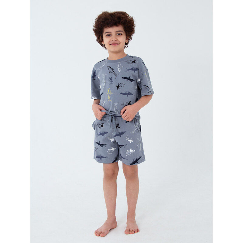 Winkiki Kids Wear Chlapecké pyžamo Shark, krátké kalhoty, krátký rukáv - šedá