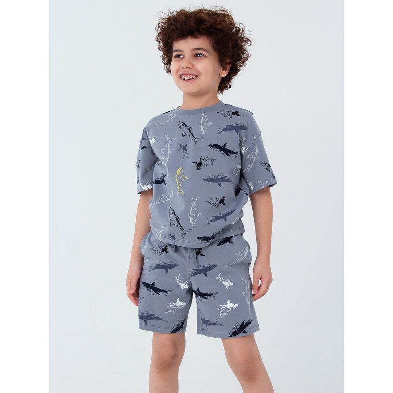 Winkiki Kids Wear Chlapecké pyžamo Shark, krátké kalhoty, krátký rukáv - šedá