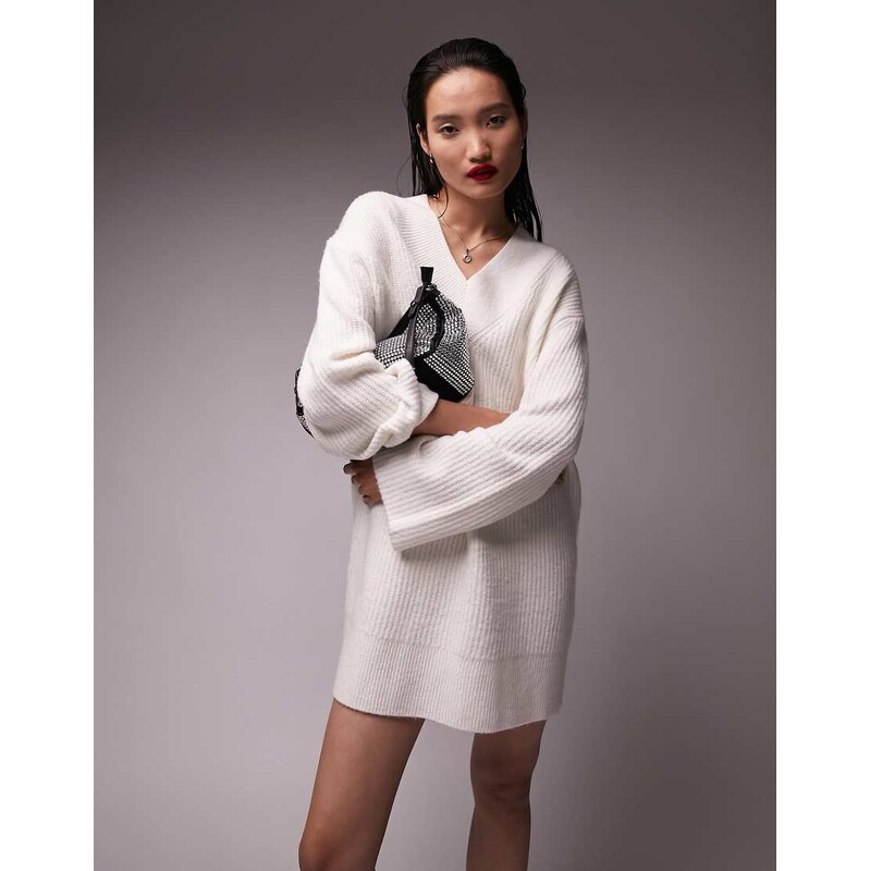 Topshop knitted v neck mini dress in cream-White 115195034