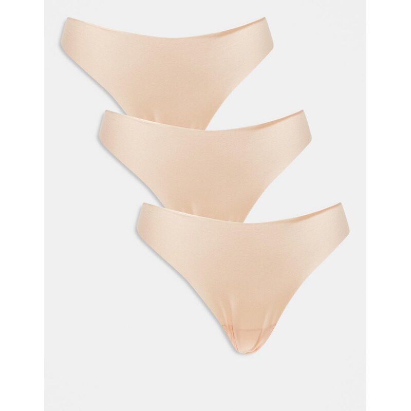 ASOS DESIGN 3 pack no VPL & lace thong in beige-Neutral 102981403