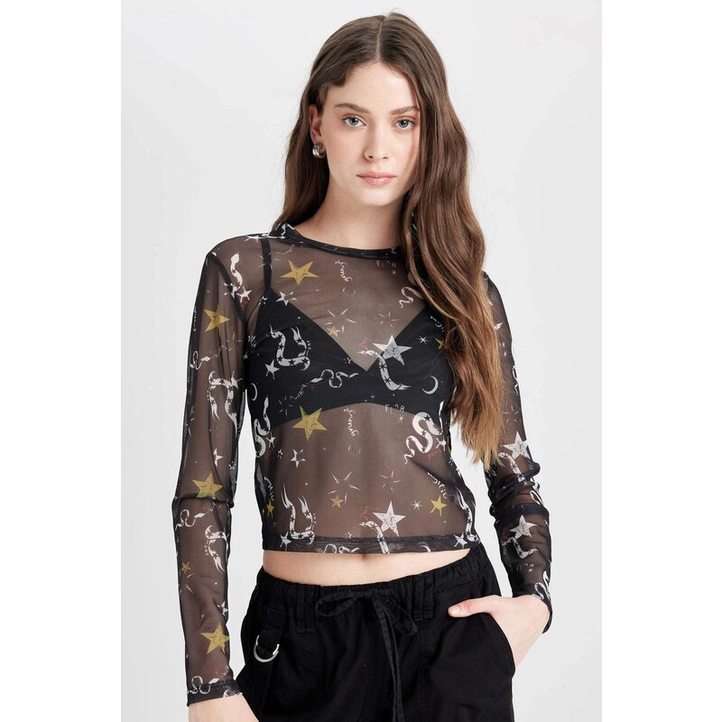 DEFACTO Cool Fitted Body Patterned Tulle Short Sleeve Black T