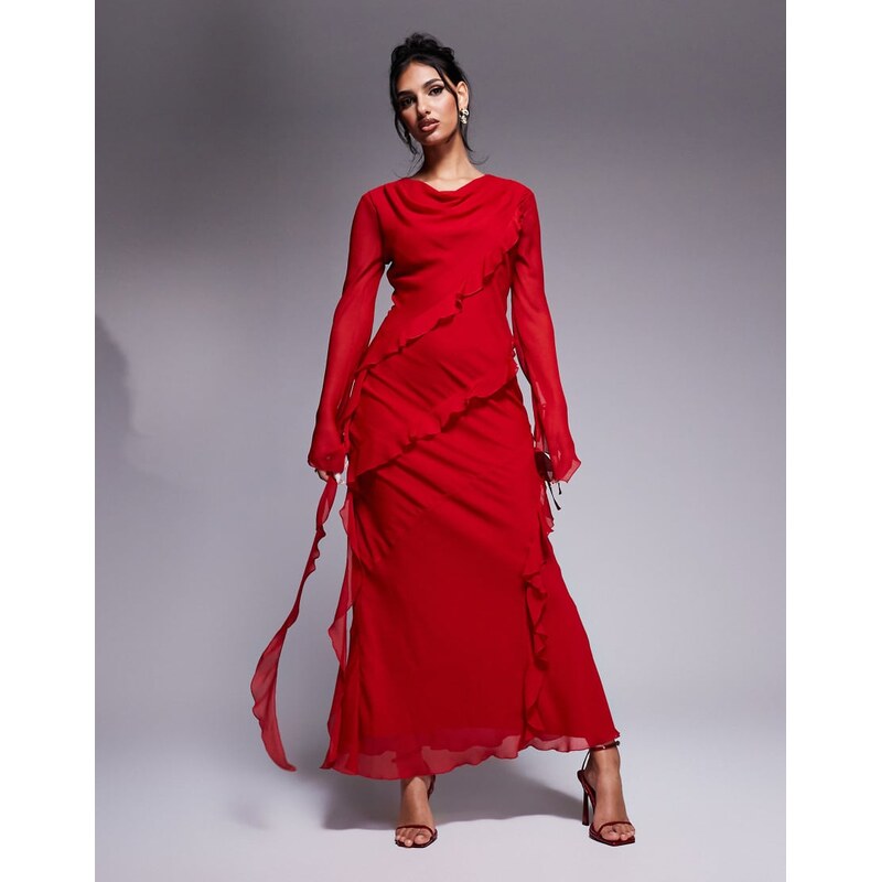 Daska chiffon maxi dress with frill details in red
