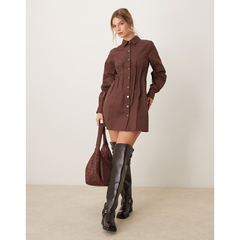 ASOS DESIGN mini pleated twill shirt dress in chocolate brown 102992026