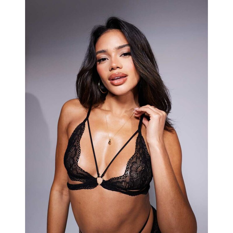 ASOS DESIGN Scarlett lace strappy cut out triangle bra in black 115032140