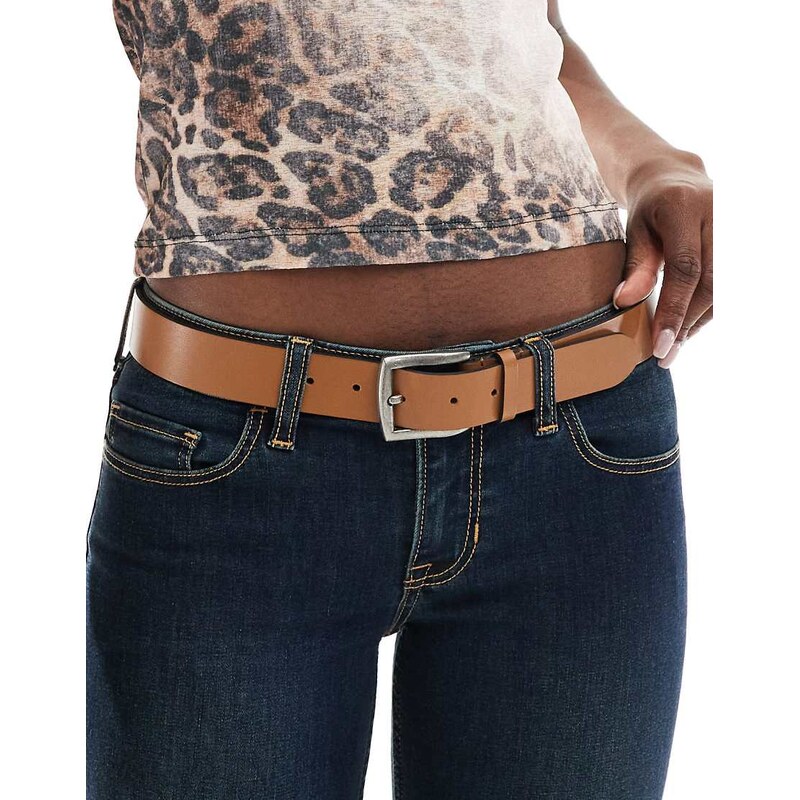 Pieces leather belt with square buckle in cognac-Brown