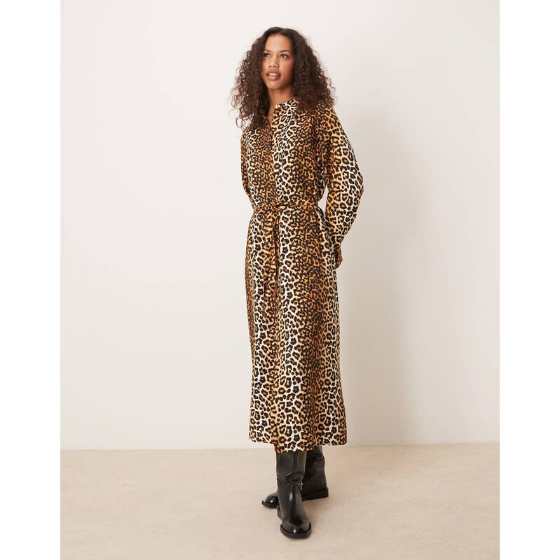 YAS tie waist maxi shirt dress in leopard print print-Multi 103025974