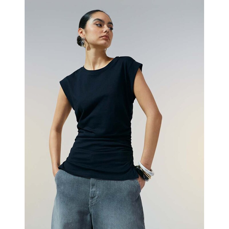 ASOS DESIGN corset waist sharp shoulder tank top in black