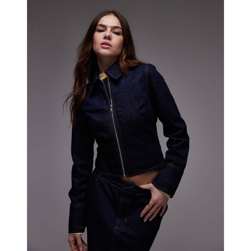 Topshop denim zip through shirt in indigo rinse-Blue