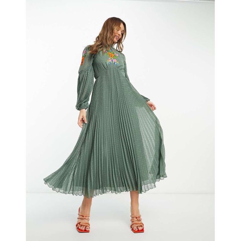 ASOS DESIGN pleated lace insert embroidered midi dress in khaki-Green 115634132