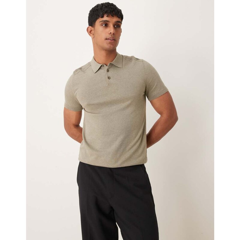 Selected knitted polo shirt in tan-Brown