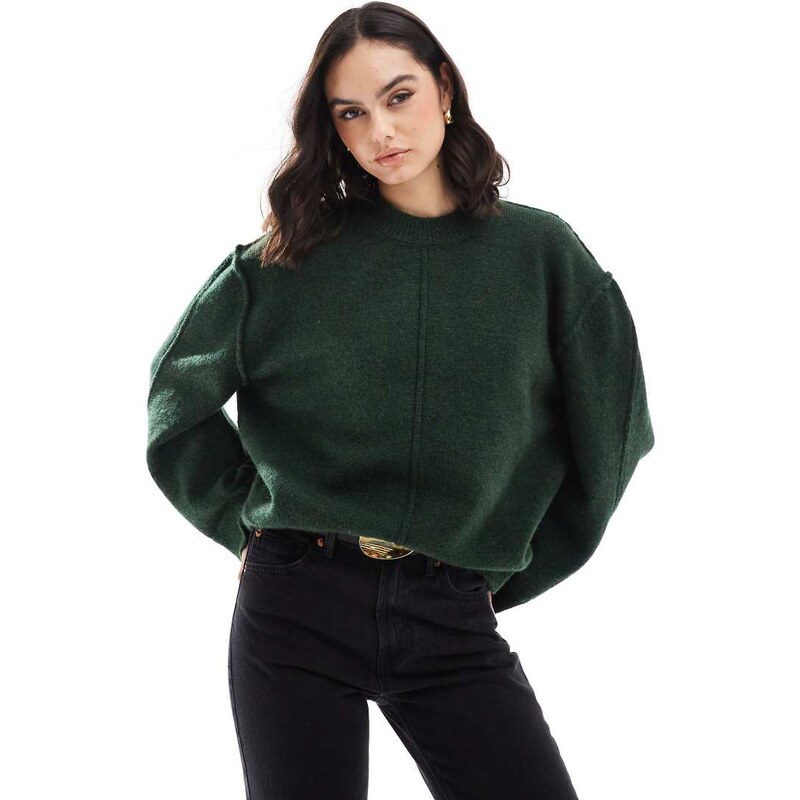 ASOS DESIGN crew neck knitted jumper with exposed seams in forest 103085704