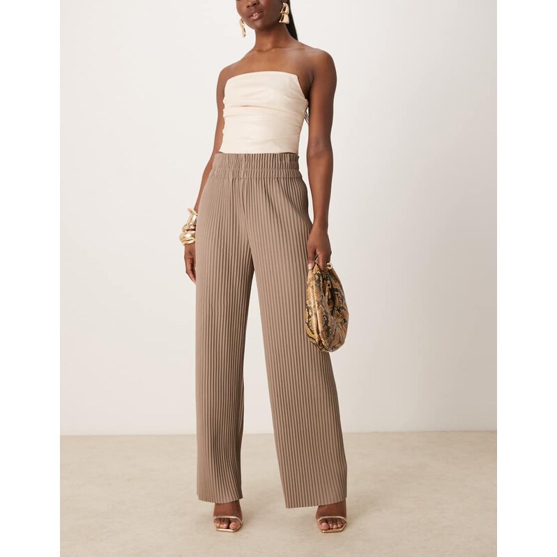 YAS plisse wide leg trousers in fungi-Neutral