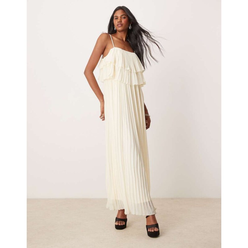 Vila pleated ruffle layer cami maxi dress in birch cream-White