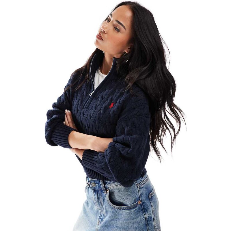 Polo Ralph Lauren cable knit half zip jumper with logo in navy