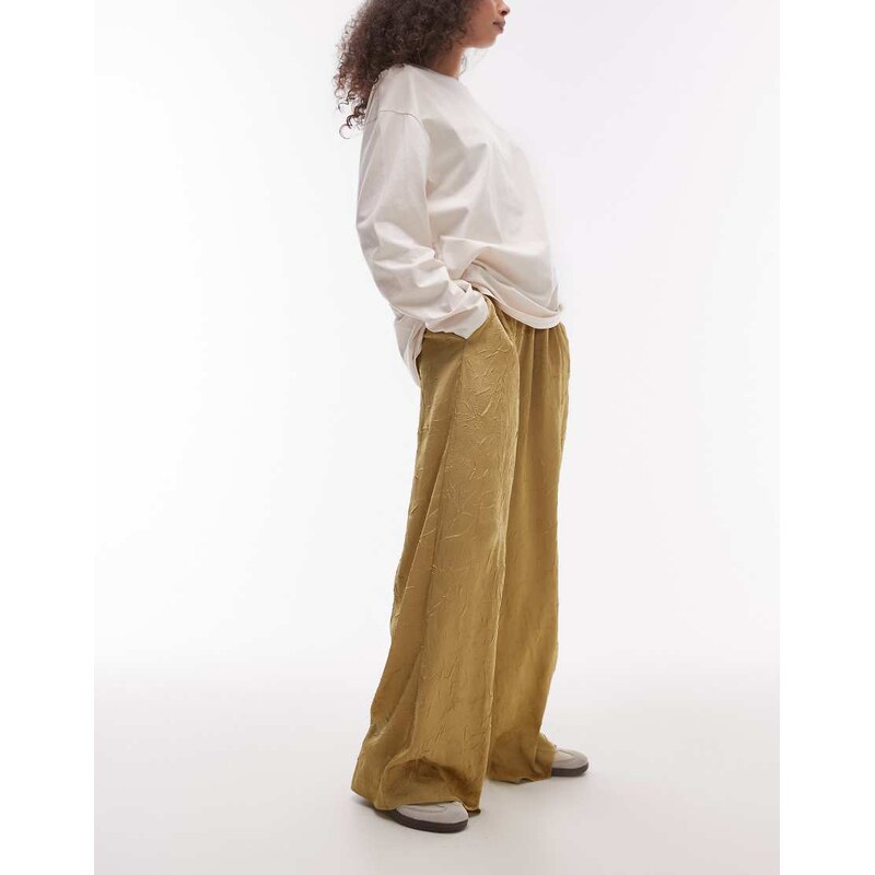 Topshop crinkle satin wide leg trouser in champagne-Green