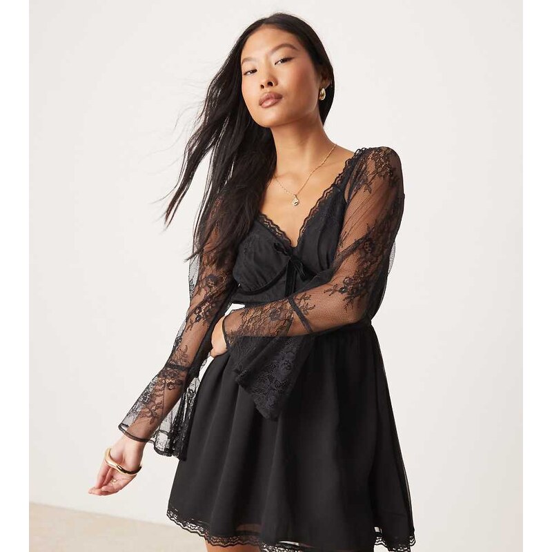 Miss Selfridge Petite lace and chiffon mix mini dress in black