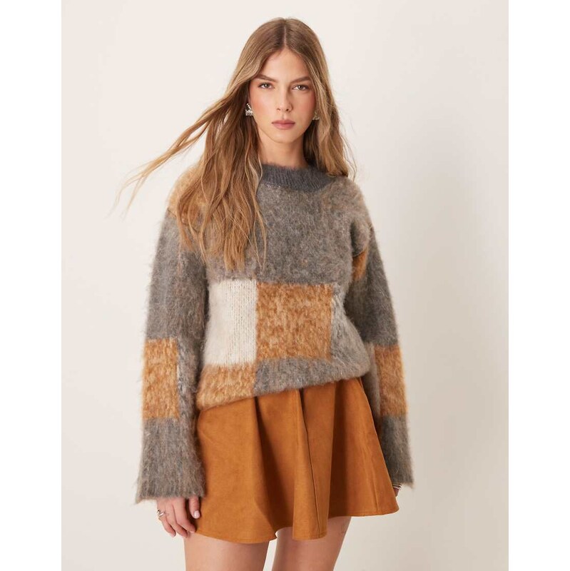ASOS DESIGN oversized brushed jumper in grey check-Multi 114708629