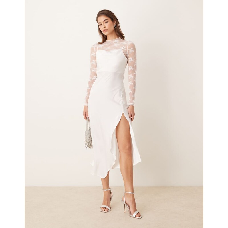 YAS long sleeve lace underlay cami satin dress in gardenia white 103394898