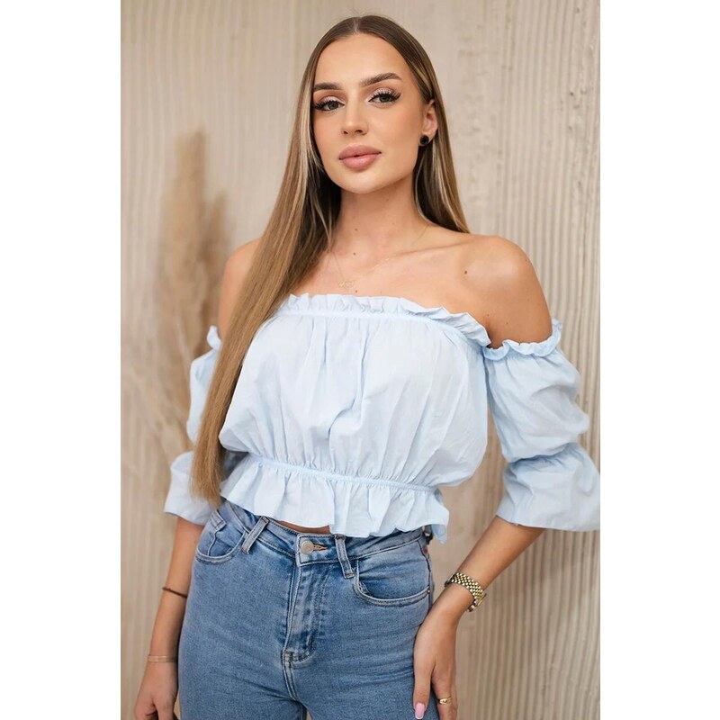MladaModa Halenka Hispánka s volánky světlemodrá
