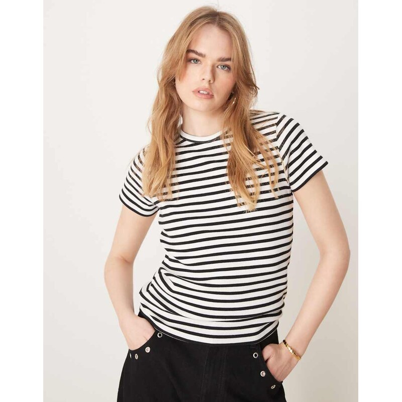 JDY ribbed t-shirt in black and white stripes