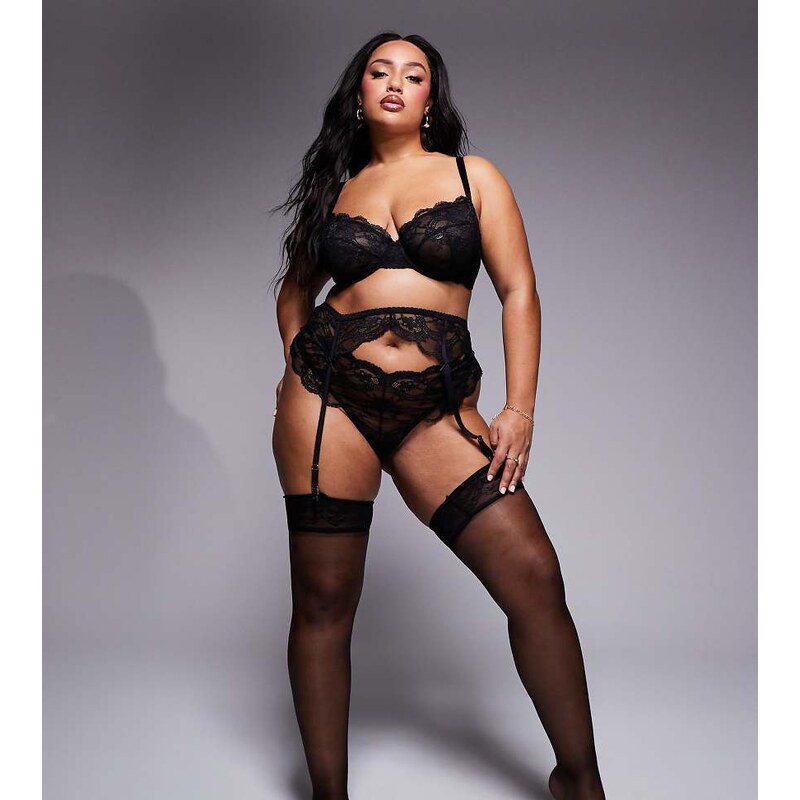 ASOS Curve ASOS DESIGN Curve Lola lace suspender belt in black 110976776