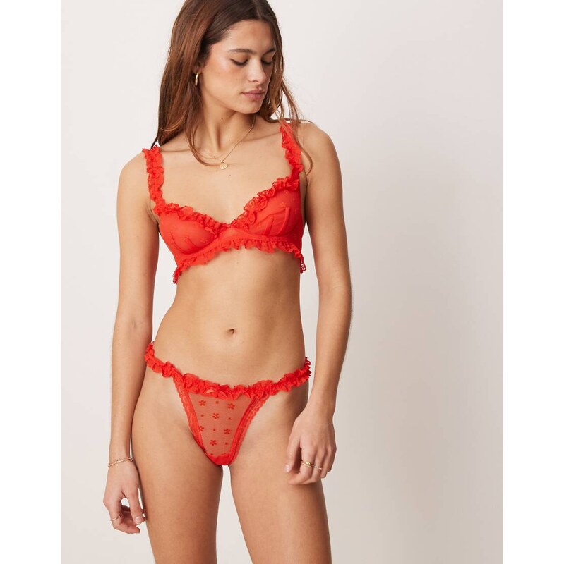 ASOS DESIGN Honor lace frill thong in red 103368085