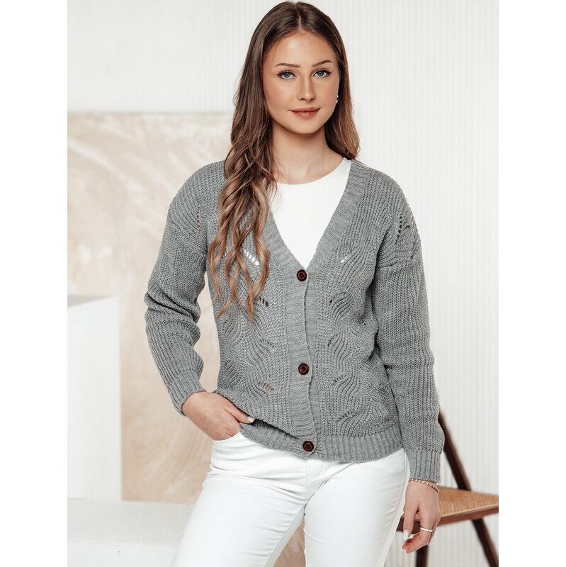 BASIC Světle šedý dámský svetr na knoflíky KNITVIA Šedá 103385595