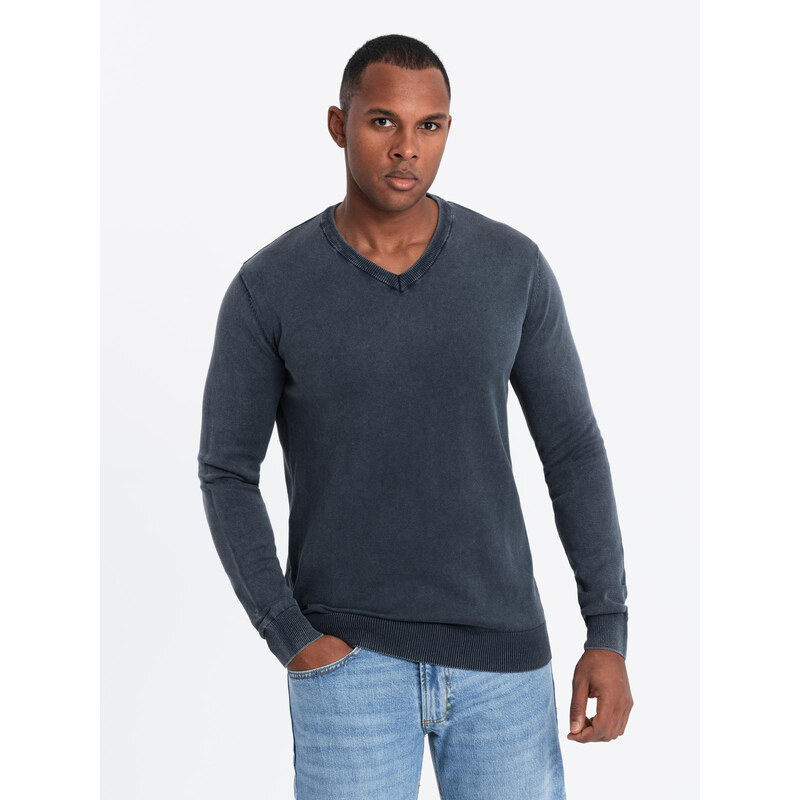 Pánský svetr s výstřihem do V Ombre Washed - námořnická modř